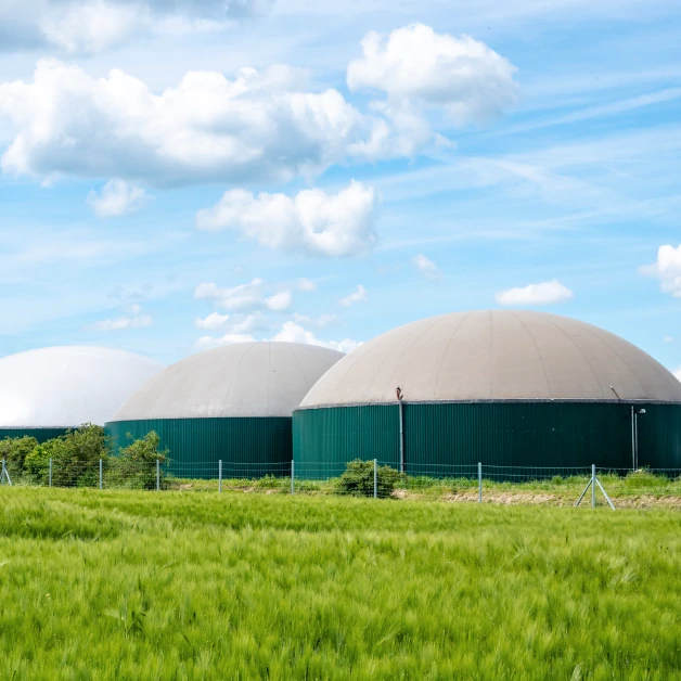 Biogas Plant from the side with blue sky and field